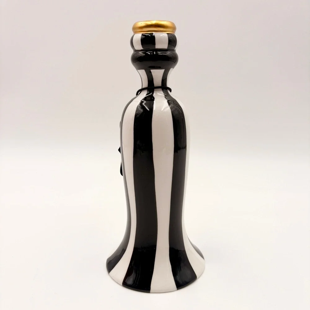 Black and White Striped Halloween Ceramic Taper Candle Holder Gold Rim